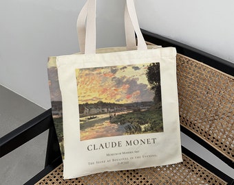 De Seine in Bougival in de avond, 1869 - Claude Monet｜Artistieke canvas tas｜Sunset Glow Riverside Tote Bag｜Olieverfschilderij stijl handtas