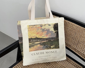 The Seine at Bougival in the Evening, 1869 - Claude Monet｜Artistic Canvas Bag｜Sunset Glow Riverside Tote Bag｜Oil Painting Style Handbag