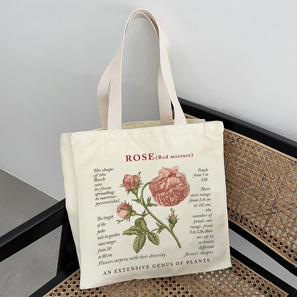 Rose High Capacity Canvas Bag｜Vintage Style Plant Tote Bag｜Red Rose Reusable Handbag｜Weekend Shopping Bag｜Anniversary Gift