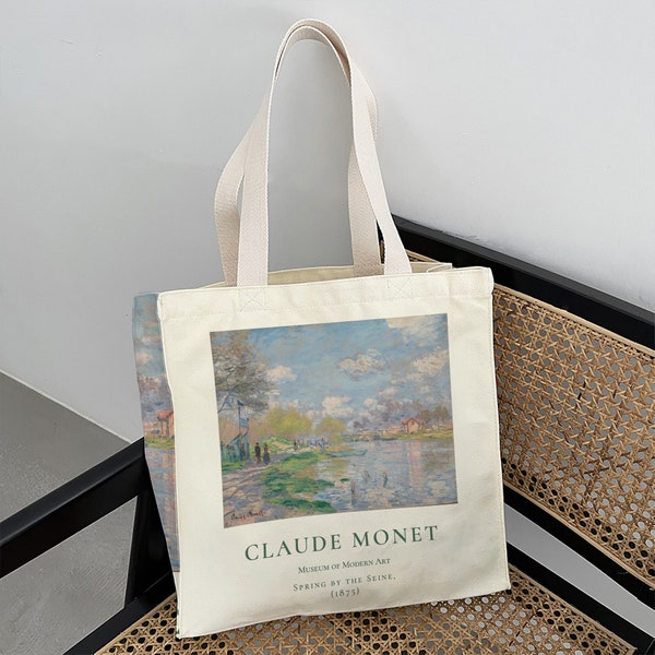 Spring By The Seine, 1875｜Monet Vintage Tote Bag｜Riverside Stroll Canvas Bag｜Shoulder Bag With Zipper｜Reusable Bag｜Valentines Gift