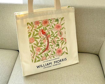 Sac fourre-tout artistique William Morris, fleur de grenade oiseau, fourre-tout pour peinture à l'huile, sac à bandoulière oiseau, sac en toile esthétique artistique pour maman, cadeau pour elle