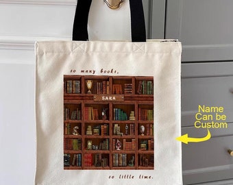 Personalized Name Bookcase Canvas Tote Bag: Book Lover Gift