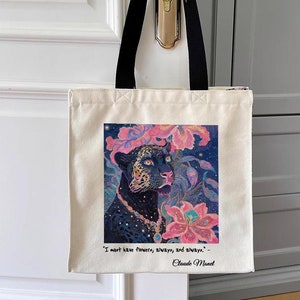 Claude Monet « Je dois avoir des fleurs toujours et toujours » Fourre-tout Flower Quotes, sac fourre-tout en toile d'art esthétique avec fermeture à glissière et poche intérieure