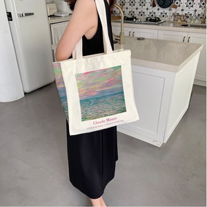 Monet Art Beach Tote BagLarge Capacity Shoulder BagCanvas Bag With ZipperFashion Weekend Shopping HandbagAnniversary Gift image 8