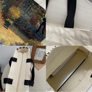 May include: A white canvas tote bag with black straps and a zipper closure. The bag has a floral print on one side and a black and white pattern on the other side. The bag is shown with a laptop and books inside.
