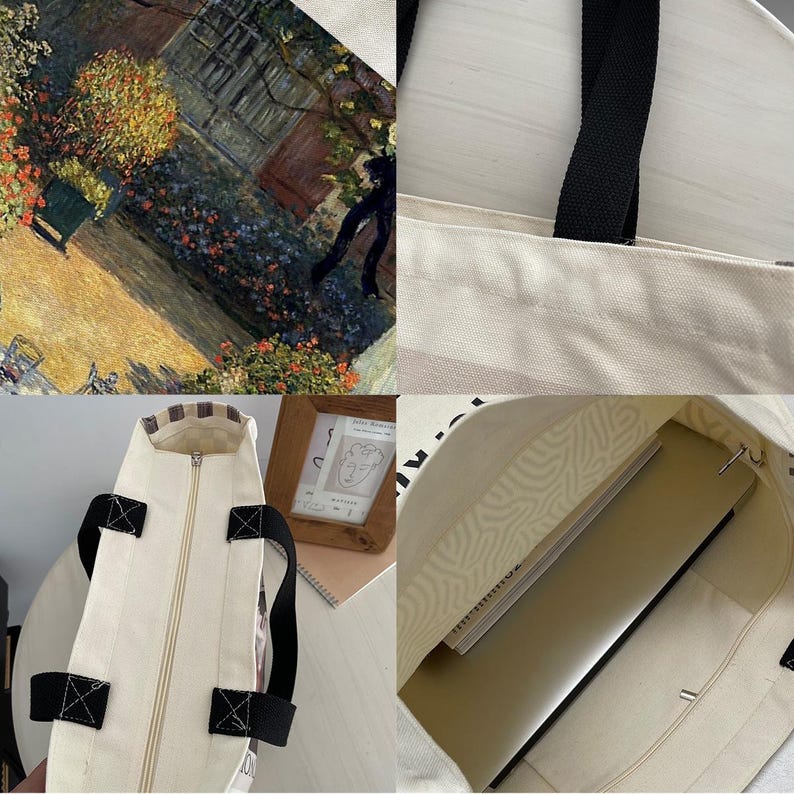 May include: A white canvas tote bag with black straps and a zipper closure. The bag has a floral print on one side and a black and white pattern on the other side. The bag is shown with a laptop and books inside.