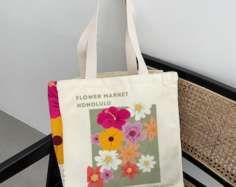 Floral Canvas Tote Bag: Zippered Pocket, Printed Design