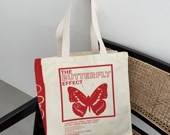 Red Butterfly Canvas Tote Bag: Large Capacity Zippered Shoulder Bag