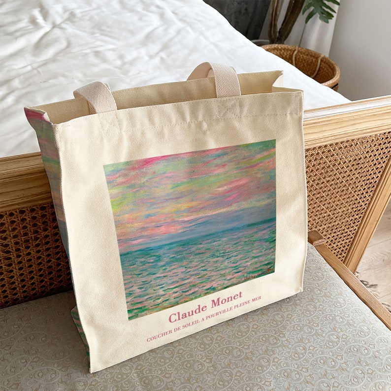 Monet Art Beach Tote BagLarge Capacity Shoulder BagCanvas Bag With ZipperFashion Weekend Shopping HandbagAnniversary Gift 画像 2