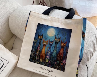 Cat Design Canvas Tote Bag, Pastel Goth Art