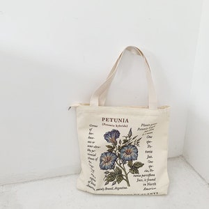 Bolso de mano floralLindo bolso de lona con estampado botánicoBolsa de mano reutilizable de flores con cremallera y bolsilloBolsa de mano de lona de regalo de regreso a la escuela imagen 3