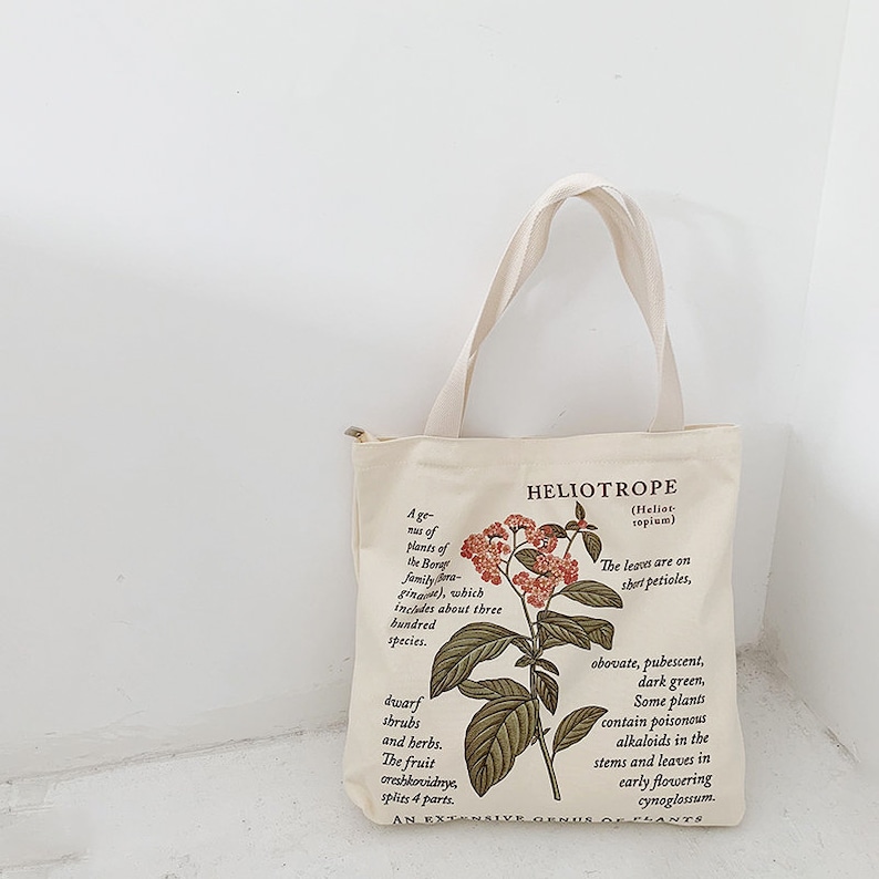 Bolso de mano floralLindo bolso de lona con estampado botánicoBolsa de mano reutilizable de flores con cremallera y bolsilloBolsa de mano de lona de regalo de regreso a la escuela imagen 2