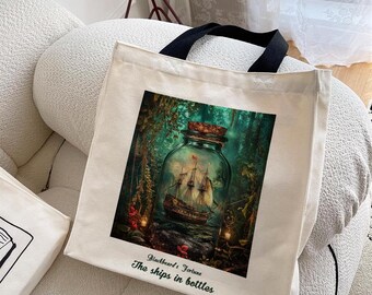 Ships in Bottles Art Tote Bag: Blackbeard Treasure, Retro Grocery Bag
