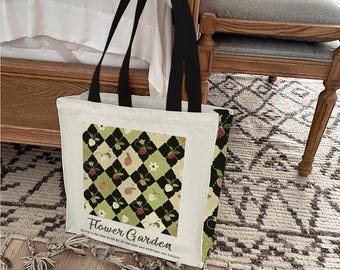 Spring Strawberry Florals Tote Bag Book Lover Gift, Flower Garden Inspired Tote Handbags For Shopping Travel Gym