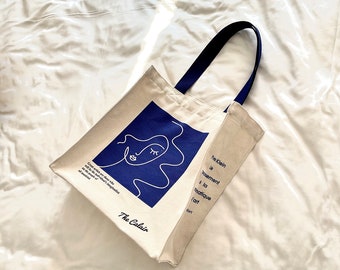 Lady Woman Face Tote Bag｜Line Art Tote Bag｜Teacher Life Tote｜Blue Tote｜Art Aesthetic Bag｜Beach Tote｜Canvas Tote｜Reusable bag