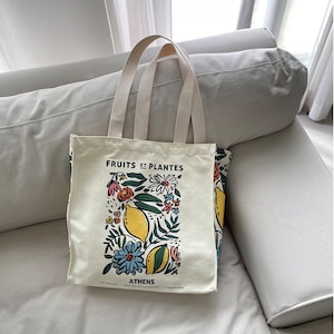 Lucky Lemon Tote Bag｜Plant Printed Canvas Bag｜Mom Daily Shoulder Bag｜Gift for Grandma｜Bridesmaid Gift｜FRUITS ET PLANTS Shoulder Bag