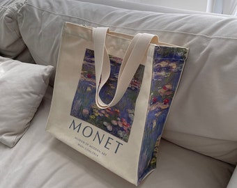 Water Lily Printed Art Tote bag｜Monet Tote Bag｜Floral Aesthetic Grocery Bag｜Tote Bag With Zipper and Pocket｜Canvas Bag｜Reusable Shoulder Bag