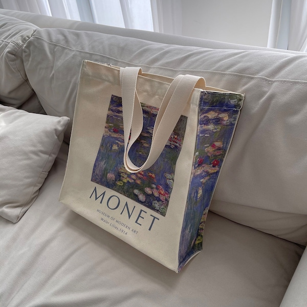 Water Lily Printed Art Tote bag｜Monet Tote Bag｜Floral Aesthetic Grocery Bag｜Tote Bag With Zipper and Pocket｜Canvas Bag｜Reusable Shoulder Bag