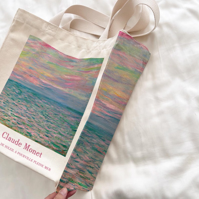 Monet Art Beach Tote BagLarge Capacity Shoulder BagCanvas Bag With ZipperFashion Weekend Shopping HandbagAnniversary Gift 画像 7
