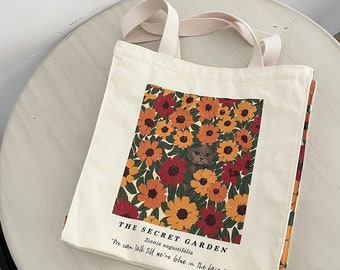 Secret Garden Tote Bag｜Kitty bloemen canvas tas｜Schattige kat canvas handtas｜Zomerstrand schoudertas｜Herbruikbare handtas｜mama tas｜Cadeau voor haar