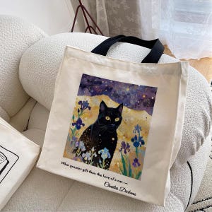 Sac fourre-tout chat avec fleurs, sacs à bandoulière livresques, fourre-tout citation d'art, sac fourre-tout en toile zippé avec poche, cadeau pour les amoureux des chats et des livres