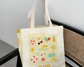 Customized Name Beach Bag｜Summer Beach Sunshine Tote Bag｜Personalized Text Canvas Bag｜Holiday Handbag｜Anniversary Gift｜Artistic Shoulder Bag