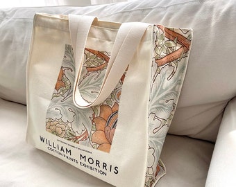 William Morris Art Zipper Tote Bag: Retro Botanical Canvas