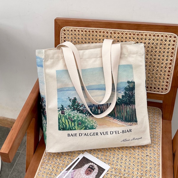 Retro Artistic Oil Painting Embossed Canvas Shoulder Bag