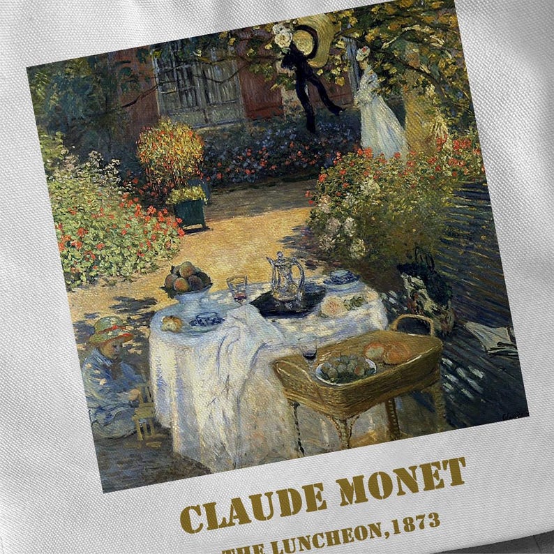 May include: A painting by Claude Monet titled "The Luncheon, 1873" depicting a group of people gathered around a table outdoors in a garden setting. The painting features a white tablecloth, a basket of fruit, and a vase of flowers. The people are dressed in 19th-century clothing and are enjoying a meal.