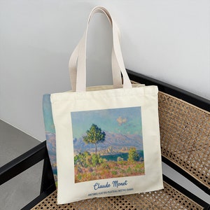 Monet Landschaft Tasche｜ Berg Bäume Tragetasche｜ Große Kapazität Einkaufstasche｜ Canvas Einkaufstasche mit Reißverschluss｜ Geschenk zum Valentinstag