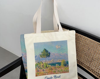 Monet Landscape Canvas Bag｜Mountain Trees Tote Bag｜Large Capacity Shopping Bag｜Canvas Tote Bag With Zipper｜Valentine&#39;s Day Gift