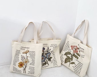 Floral Tote Bag｜Cute Botanical Print Canvas Tote｜Flowers Reusable Tote Bag With Zipper and Pocket｜Back to School Gift Canvas Tote Bag
