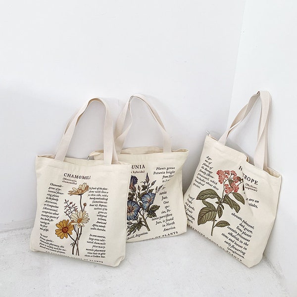 Floral Tote Bag｜Cute Botanical Print Canvas Tote｜Flowers Reusable Tote Bag With Zipper and Pocket｜Back to School Gift Canvas Tote Bag