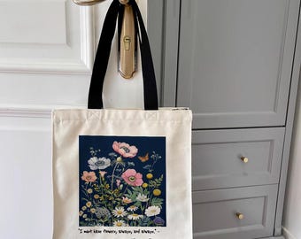 Monet Art Quote Floral Tote Bag, Aesthetic Canvas Bag