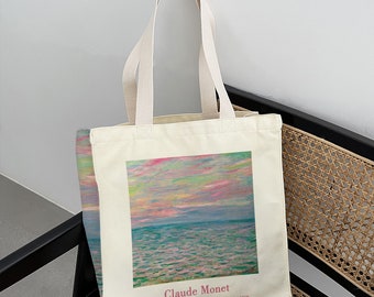 Bolso de mano de playa Monet Art, bolso de hombro de gran capacidad, bolso de lona con cremallera, bolso de compras de fin de semana de moda, regalo de aniversario