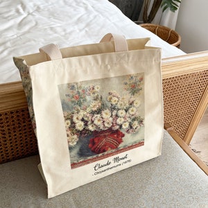 Sac fourre-tout artistique Monet « Chrysanthèmes 1878 » Sac fourre-tout artistique en toile esthétique à fleurs avec fermeture à glissière et poche intérieure