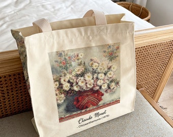 Monet Art Tote Bag "Chrysanthemums 1878" Flower Aesthetic Canvas Art Tote Bag with Zip Closure & Inner Pocket