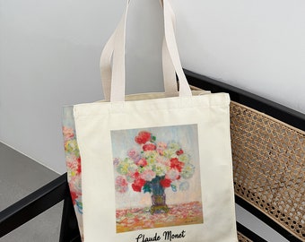 Monet Bouquet Canvas Tote Bag: Artistic Floral Shoulder Bag