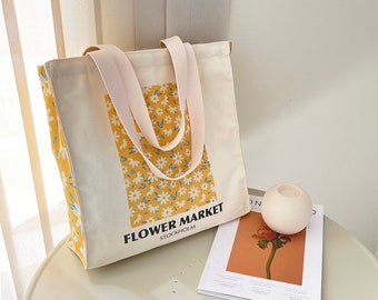 Daisy Floral Canvas Tote Bag: Zippered Reusable Market Bag