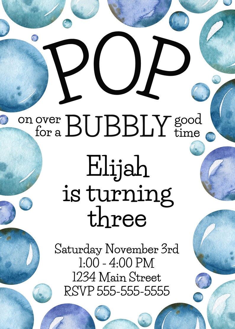 Blue Bubble Birthday Party Invitation Instant Digital Download Etsy