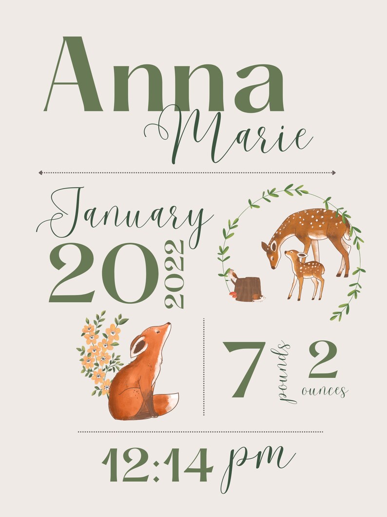 Customizable Printable Newborn Stats Posters Woodland Green Letter