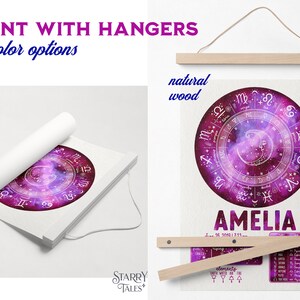 May include: A personalized zodiac chart print with a purple and pink galaxy background. The chart features the astrological signs and symbols. The print is available with a white or natural wood hanger. The print includes the name Amelia and the date June 26, 2010, 1:33 PM. The print also includes a section on elements with symbols for earth, water, air, and fire.