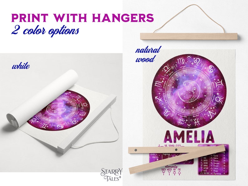 May include: A personalized zodiac chart print with a purple and pink galaxy background. The chart features the astrological signs and symbols. The print is available with a white or natural wood hanger. The print includes the name Amelia and the date June 26, 2010, 1:33 PM. The print also includes a section on elements with symbols for earth, water, air, and fire.
