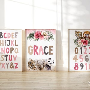 Personalized Safari Nursery Decor, Woodland Animals Baby Girl Custom Name Sign, Alphabet & Numbers Poster, Set of 3 Printable Wall Art Print