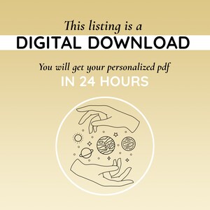 May include: A digital download listing with a graphic of two hands holding planets and stars in a circle. The text reads "This listing is a DIGITAL DOWNLOAD You will get your personalized pdf IN 24 HOURS"