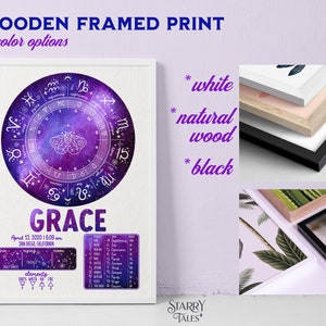 May include: A personalized astrological chart print with a purple and white galaxy design, featuring the name "GRACE" and birth details. The print is framed in a white, natural wood, or black frame.