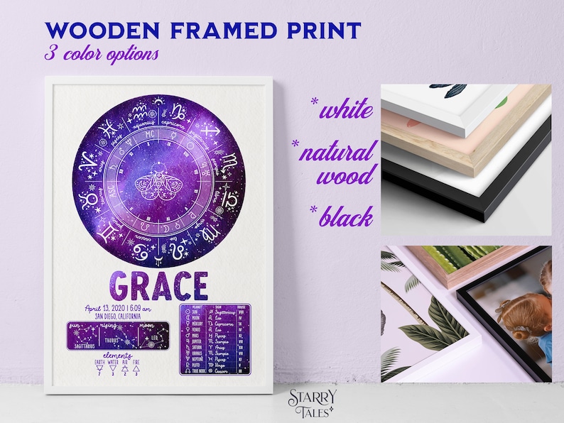 May include: A personalized astrological chart print with a purple and white galaxy design, featuring the name "GRACE" and birth details. The print is framed in a white, natural wood, or black frame.