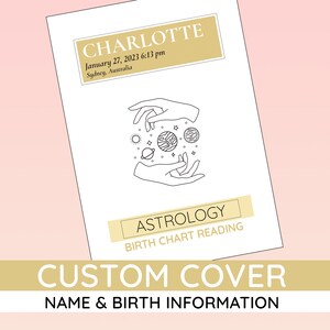 May include: A black and white illustration of hands holding planets, with the text "CHARLOTTE" in a gold box above the illustration. The text "January 27, 2023 6:13 pm" and "Sydney, Australia" are below the gold box. The text "ASTROLOGY" is in a gold box below the illustration, with the text "BIRTH CHART READING" below it. The text "CUSTOM COVER" is in a gold box below the text "BIRTH CHART READING", with the text "NAME & BIRTH INFORMATION" below it.