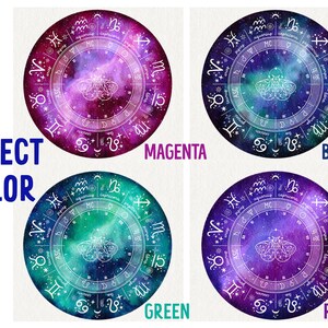 May include: Four different color variations of a circular zodiac chart with a moth in the center. The colors are magenta, blue, green, and purple.