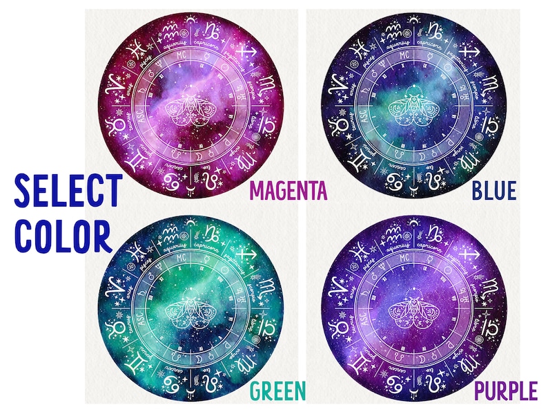 May include: Four different color variations of a circular zodiac chart with a moth in the center. The colors are magenta, blue, green, and purple.